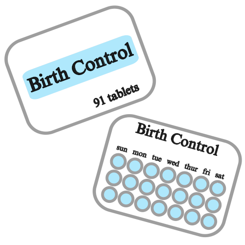 two rectangles both white, top left one has the words “birth control”  ontop of a light blue label and “91 tablets” in black. the second rectangle says “birth control” in black at top and then “sun-sat” in black with corresponding rows of blue pills under the days